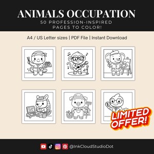 50 páginas para colorear de ocupaciones de animales para niños – A4/Carta EE. UU. / Descarga PDF / Impresión instantánea / Oferta limitada / Primeros 50 clientes