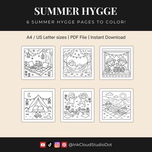 6 páginas para colorear de verano Hygge: PDF imprimible acogedor / A4 / Carta EE. UU. / Descarga digital para niños y adultos / Picnic, acampada y escenas al aire libre