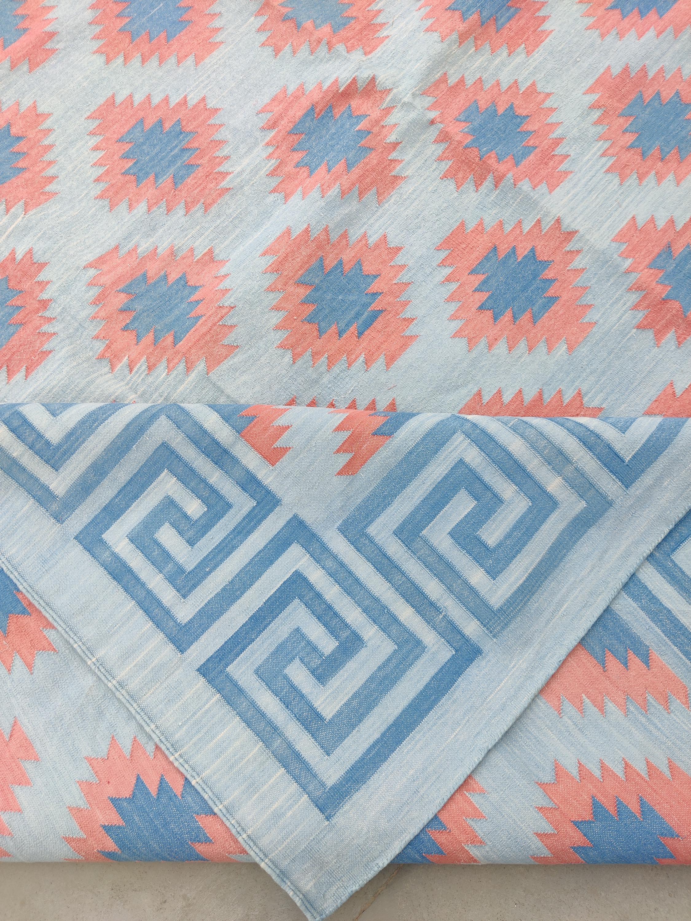 Handmade Cotton Flat Weave Rug, Vintage Cotton Durrie Rug, Home Décor Rug, 8x10 Ft. Area Rug, Vibrant Pink And Blue Geometric Kilim Pattern