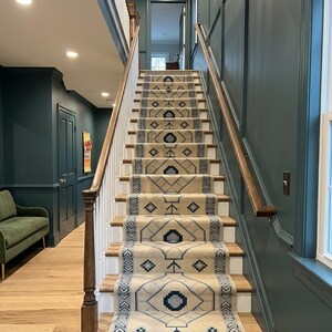 Geometric Oushak Runner Rug Hand Knotted Wool Hallway Modern Turkish Kitchen Long Entryway Rug