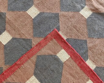 Geometric Jute Kilim Rug, Handwoven Brown & Grey Flatweave Carpet, Boho Area Rug, Rustic Natural Fiber Floor Mat, USA Shipping Rug