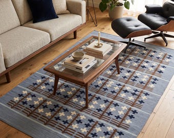 Handwoven Wool Kilim Rug, Blue Southwestern Geometric Boho, Reversible Farmhouse Tribal Carpet 8x10