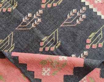 8x10 Ft. Handmade Wool Jute Rug, Pink And Black Floral Designer Rug, Custom Rug, Reversible Area Rug