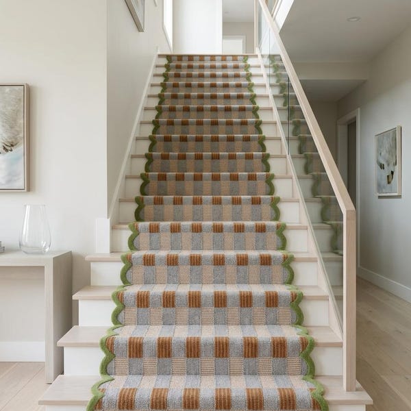 Scalloped Wool Stair Runner, Plaid Neutral Hallway Carpet, Olive Green Border Rug