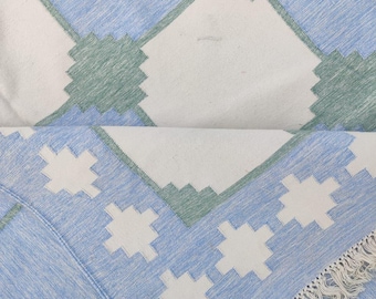 Blue And White Flat Weave Rug, Handwoven Dhurrie Carpet, Reversible Area Rug For Living Room, Bedroom Rug, Modern Geometric 8x10 Rug