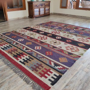 Handmade Multicoloured Wool Jute Rug, Vintage Design Rug, Geometric Pattern Jute Rug, Reversible Custom Size Rug