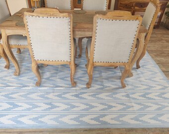 Handwoven Cotton Kilim Rug – Light Blue Ivory Flatweave Area Rug, Modern Geometric Zigzag Carpet, Handmade Flatweave Kilim Carpet