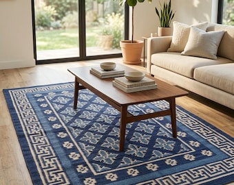 Tappeto geometrico in lana, tappeto a trama piatta tessuto a mano, tappeto morbido e resistente per camera da letto, tappeto per soggiorno, tappeto tradizionale in lana blu, lana 5x8,8 x 10 piedi