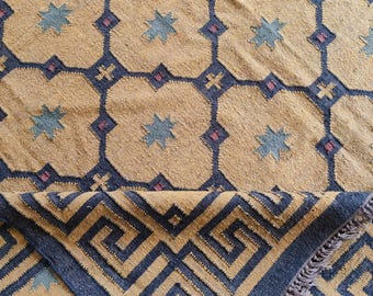 Handwoven Wool Jute Kilim Rug, Geometric Floral Pattern Area Rug, Traditional Indian Jute Rug, Yellow Jute Kilim Rug, Reversible Rug