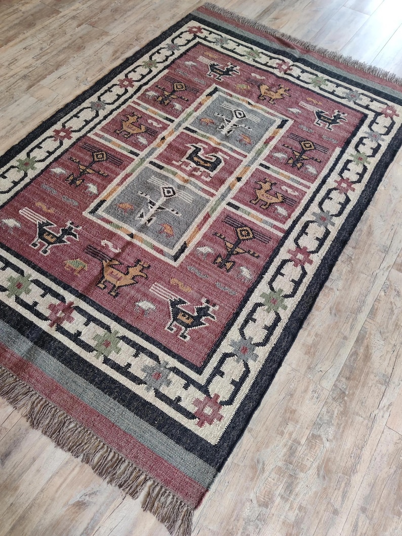Vintage Style Wool Jute Area Rug Dusky Rose Pictorial Carpet, Ancient ...