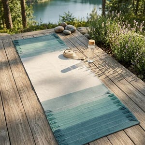 May include: A rectangular yoga mat featuring a cream-coloured centre and gradient teal-to-green ends with fringe detailing. A clear glass water bottle with a wooden cap and a beige fabric carrying strap are placed on the mat surface.