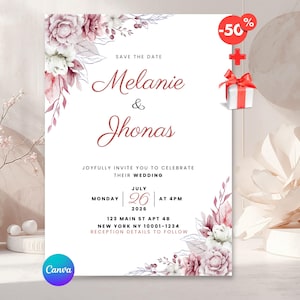 invitaciones de boda, Floral Template, Minimalist botanical Editable Canva Suite, RSVP Details, Digital Download