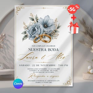 Invitaciones de Boda, Dusty Blue Plantilla Editable, Canva Invitacion Boda para Imprimir, Tarjeta RSVP