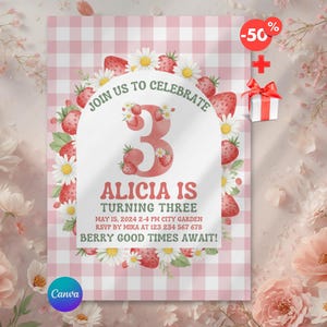 3rd Birthday Invitation, Berry Template, Minimalist Editable Canva Invite, Girl Birthday Invites, Digital Download