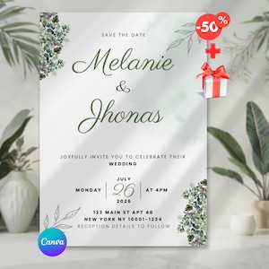 invitaciones de boda, Sage Greenery Template, Botanical Minimalist Editable Canva Suite, RSVP, Digital Download