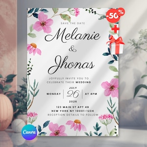 invitaciones de boda, Wildflower Template, Minimalist Editable Canva Suite, RSVP, Details Card, Digital Download