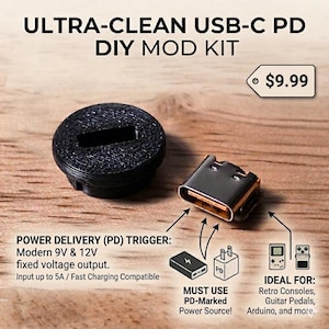 May include: A black Ultra-Clean USB-C PD DIY Mod Kit with a USB-C port and a black circular component. The kit includes a power delivery trigger, and the text indicates it's compatible with 9V and 12V fixed voltage output. The kit is ideal for retro consoles, guitar pedals, and Arduino.