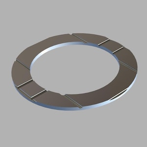 May include: A metallic, circular component with rectangular cutouts around the edge. The object has a smooth, reflective surface and a central opening. The design suggests a mechanical part or washer.