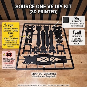 May include: Black 3D-printed Source One V6 DIY kit for prototyping and light flying. Includes full M3 hardware pack. Features snap-out assembly. Made of PETG-CF (carbon fiber reinforced) material. TPU camera mount not included.
