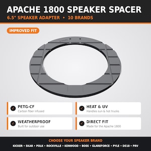 May include: A grey circular Apache 1800 speaker spacer and 6.5 inch speaker adapter. The text reads: Apache 1800 Speaker Spacer, Improved Fit, PETG-CF Carbon fiber infused, Heat & UV, Weatherproof, Direct Fit, and lists 10 speaker brands.