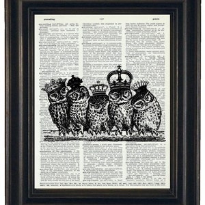 OWL Art Print Dictionary Art Print Owl Dictionary Art Print Upcycled Book Page Print Royal Owls on Branch Owl Illustrations