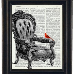 Cardinal Art Print Dictionary HHP Original Book Page Print Upcycle Wall Art Book Art  Dictionary Cardinal on Chair Dictionary