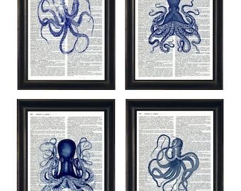 Set of Octopus Themed Prints, Octopus Themed Prints, Dictionary Artwork  6.25" x 9.5"