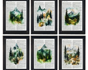 Dictionary Prints, Mountain Prints, Mountain Wall Art, Mountain Art Prints, Set of 6 Mountain Prints, Dictionary Art, Tree Prints, Tree Art