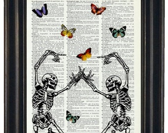 Skeleton Print, Skeleton Art, Anatomy Print, Two Skeletons Art Prints with HHP Signature Butterflies Original Design, Dictionary Art Print