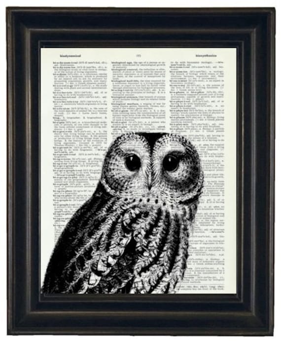 Owl Print Owl Art Print Owl Decor Owl Head Dictionary Book Page Print 8 x 10 Black