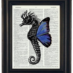 Upcycled Dictionary Book Print Seahorse with Blue Wings on Vintage Dictionary Page 8 x 10 HHP Original Design and Concept image 1