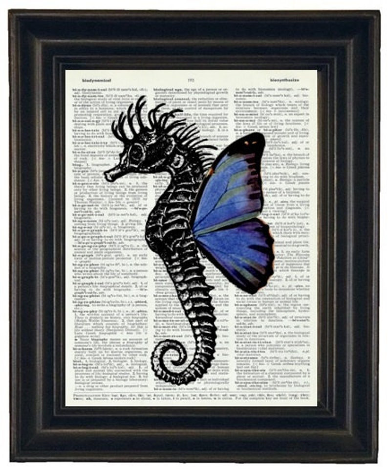 Upcycled Dictionary Book Print Seahorse with Blue Wings on Vintage Dictionary Page 8 x 10 HHP Original Design and Concept image 1