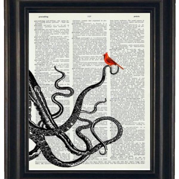 Dictionary Art Print Octopus Art Print Octopus Dictionary Print Upcycled Dictionary Print Octopus and Cardinal Friend HHP Original
