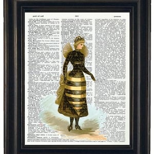 May include: A vintage dictionary page with a black and yellow illustration of a woman dressed as a bee. The text on the page includes the words "port of call" and "possess".