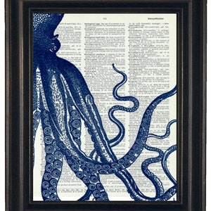 Sale Steampunk Blue Octopus Print  Dictionary Print Dictionary Art Print  Picture Wall Decor Octopus Illustrations Octopus Art