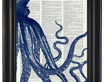 Sale Steampunk Blue Octopus Print  Dictionary Print Dictionary Art Print  Picture Wall Decor Octopus Illustrations Octopus Art
