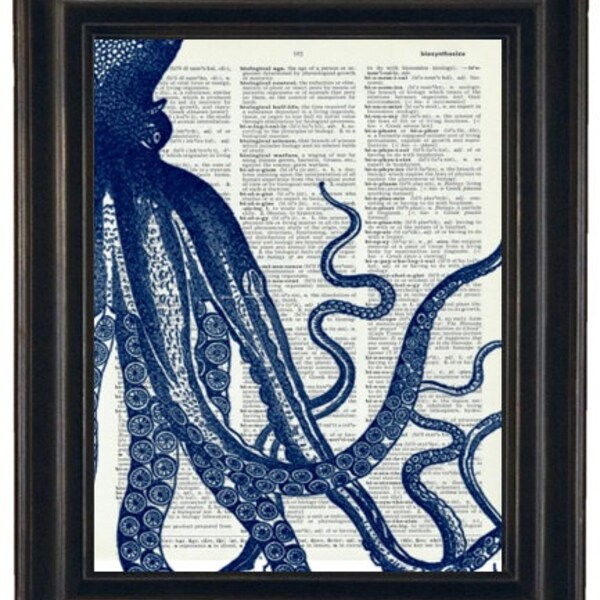 Sale Steampunk Blue Octopus Print  Dictionary Print Dictionary Art Print  Picture Wall Decor Octopus Illustrations Octopus Art