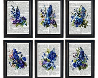 Dictionary Prints, Flower Prints, Botanical Prints, Set of 6 Flower Prints, Flower Art Prints, Blue Flower Prints, Blue Flower Theme,