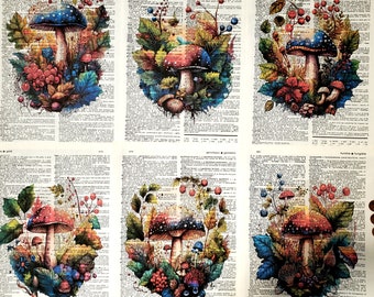 Dictionary Prints, Set of Mushroom Prints, Mushroom Art Prints, Mushroom Wall Art, Set of 6 Mushroom Prints