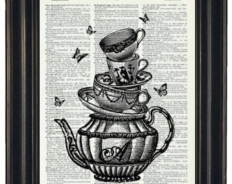 Upcycled Book Page Tea With Alice Print on Vintage Dictionary Book Page 8 x 10
