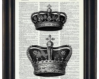 Crown Art Prints, Crown Art, Crown Decor, Dictionary Art Book Print King and Queen Crowns printed on Vintage Dictionary Page