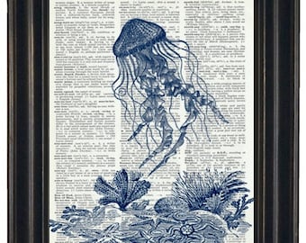 Sea Life Art Print Ocean Art Print Dictionary Art Print Jelly Fish Print Upcycled Wall Art A HHP Original Design 8 x 10 Blue