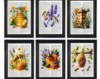 Dictionary Prints, Set of Bee Prints, Honey Prints, Set of 6 Bee Prints, Bee Prints, Bee Theme Prints, Kitchen Prints
