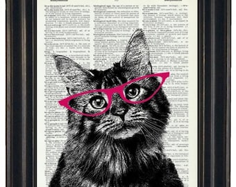 Dictionary Print Cat Print Art Upcycled Art Dictionary Page Print Cat with Pink Glasses Dictionary Art HHP Original