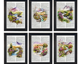 Dictionary Prints, Mountain Prints, Mountain Wall Art, Mountain Art Prints, Set of 6 Mountain Prints, Dictionary Art, Stream Prints,