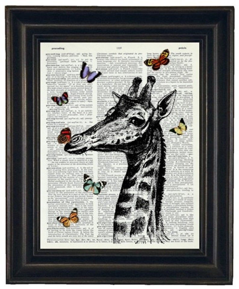 Wall Decor Giraffe Dictionary Art Print Giraffe and Butterflies Print HHP Original Concept and Design image 1