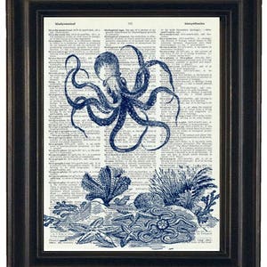 May include: A blue and white illustration of an octopus with tentacles reaching out, surrounded by seaweed and coral. The illustration is printed on a vintage dictionary page with text about "Hydrodynamical".