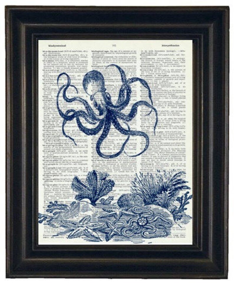 May include: A blue and white illustration of an octopus with tentacles reaching out, surrounded by seaweed and coral. The illustration is printed on a vintage dictionary page with text about "Hydrodynamical".