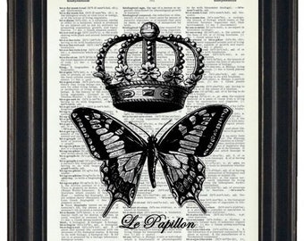 Butterfly Art, Butterfly Dictionary Art Book Print Vintage Upcycled Wall Art 8 x 10  Book Page French Art Print Crown