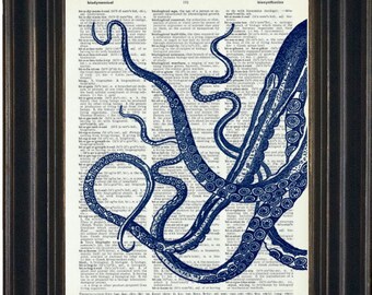 Octopus Prints, Octopus Art, Dictionary Art Print Sea Life Octopus, Dictionary Art Book Page Print Upcycle  Bathroom print